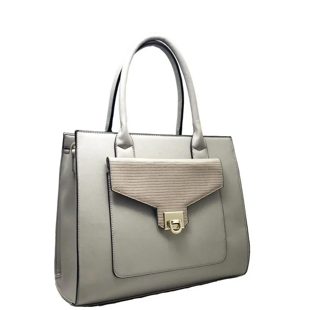 Gray Classy Front Pocket Satchel Handbag Tote With Zip Top Closure